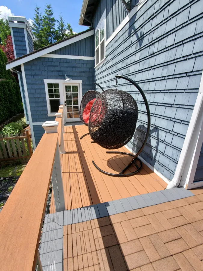 Custom Decks AZEK paver boardwalk waterwheel timbertech decking wheathered teak grey slate post cap lights coffee bar bellevue washington