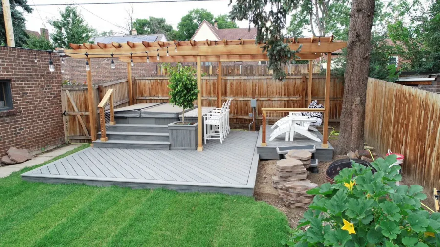 Custom Decks trex deck island mist custom planter pergola swim up bar hot tub denver colorado