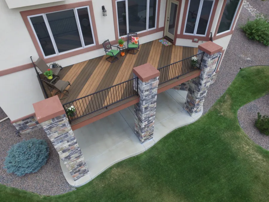 Custom Decks zebra deck alternating trex tiki torch with spiced rum castle rock colorado