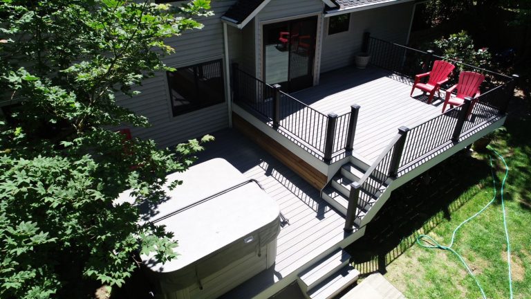 Custom Decks Two Level Deck Trex Island Mist Decking White Fascia Fortress Iron Railing Black Trex Posts Cedar Skirting Kenmore Washington